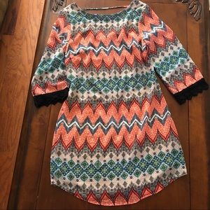 Boho Chevron Tunic Dress 3/4 Sleeves Crochet Cuffs